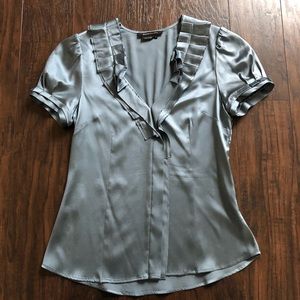 BCBG Blue Grey Silk Side Zipper Blouse Ruffles